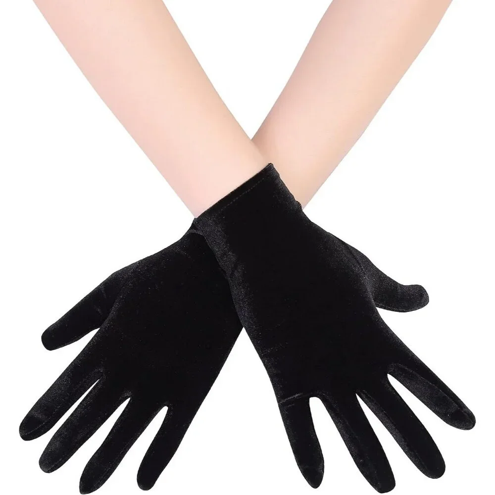 Women's Deep Black Velvet Short Satin Gloves Style Wrist Flapper Banquet